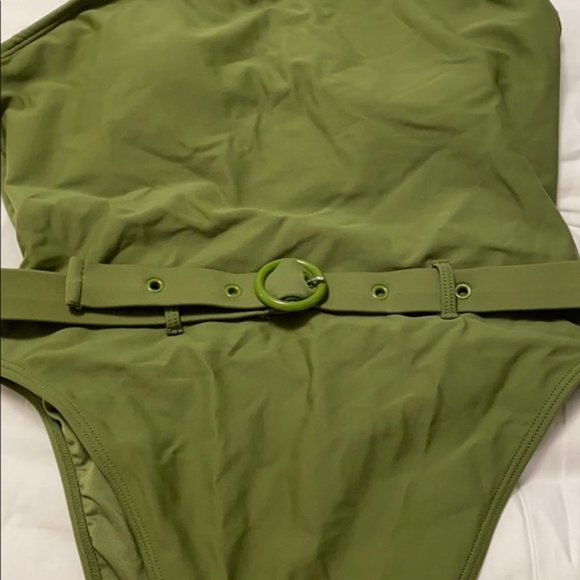 F21 Olive Green Belted High Leg One Piece Swimsuit - Picture 6 of 16